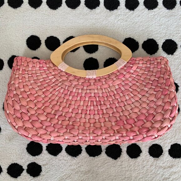 Vintage 80s 90s Wicker Straw Purse Handbag Clutch Pink Flower Wood Top Handle - Picture 4 of 11